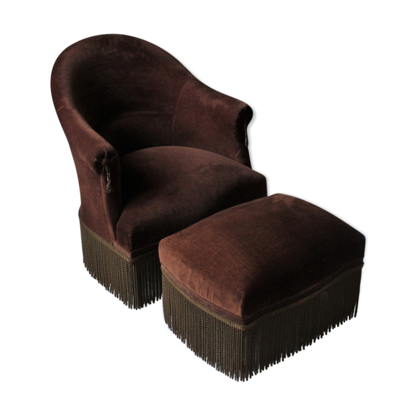 Fauteuil crapaud  & ottoman vintage velours brun profond
