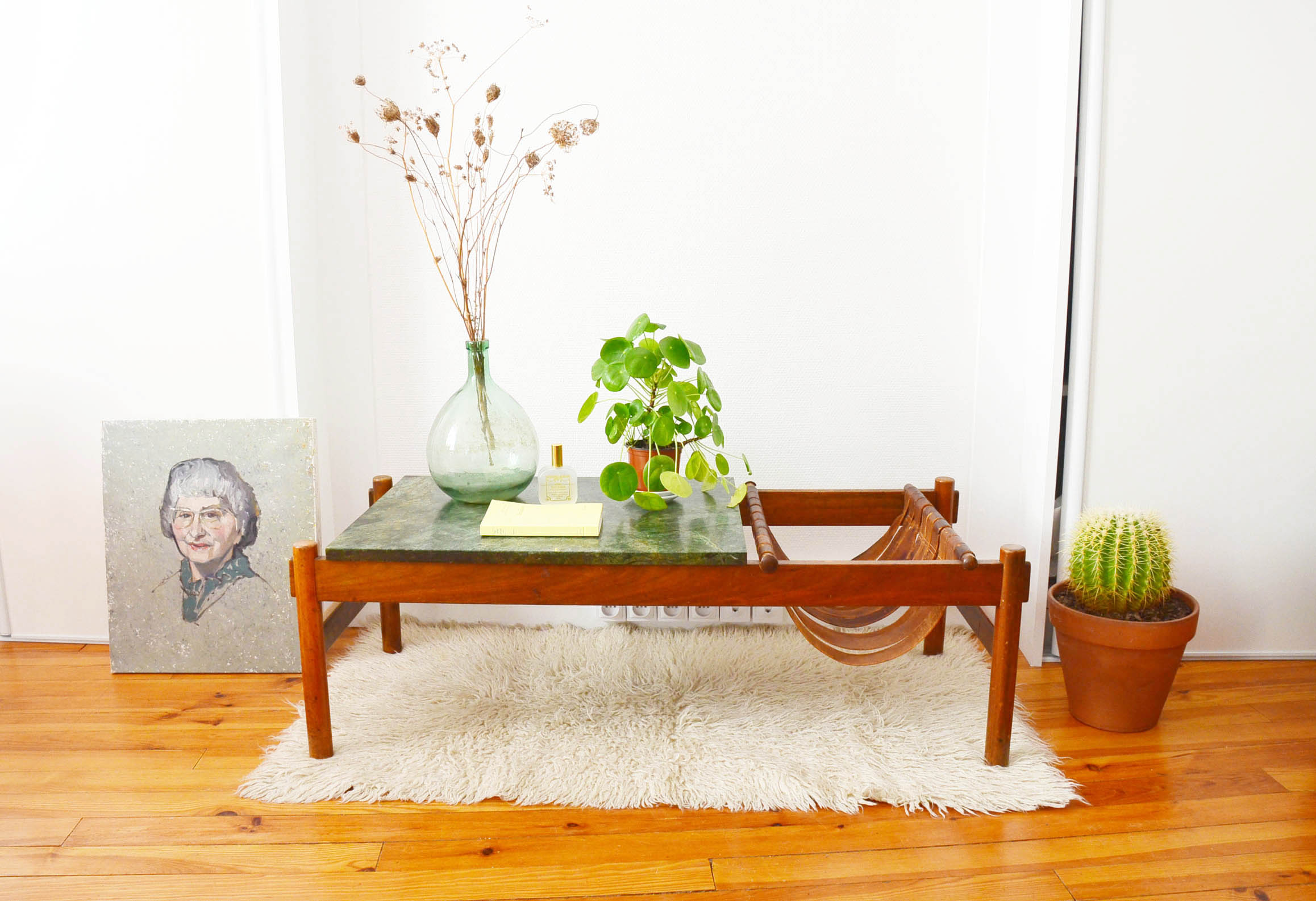 Dujo cuba coffee table in green marble and rosewood 70s