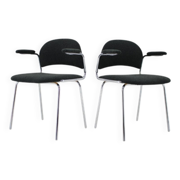 Pair of 1970s Czech Tubular Chromed Steel Armchairs in Dark Bouclé Fabric