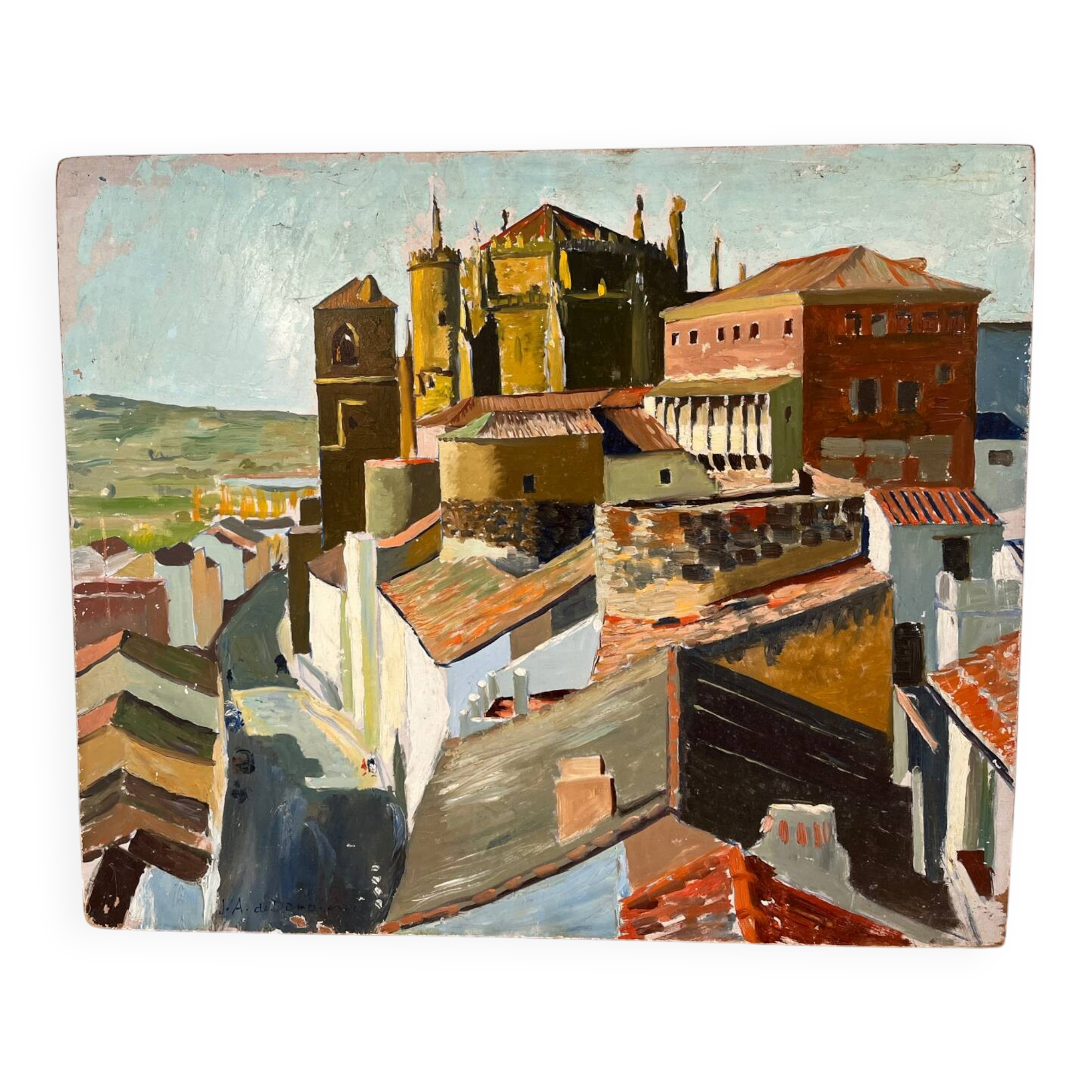 Castle in the rooftops, oil on wood panel, signed JA Dompierre.