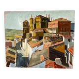 Castle in the rooftops, oil on wood panel, signed JA Dompierre.