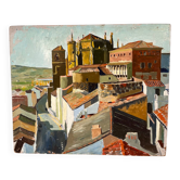 Castle in the rooftops, oil on wood panel, signed JA Dompierre.