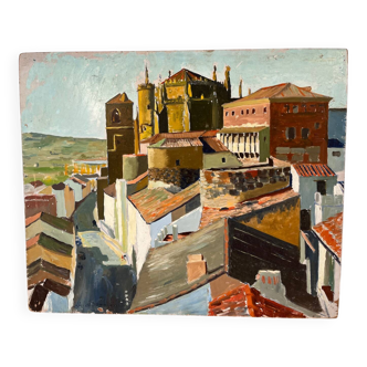 Castle in the rooftops, oil on wood panel, signed JA Dompierre.