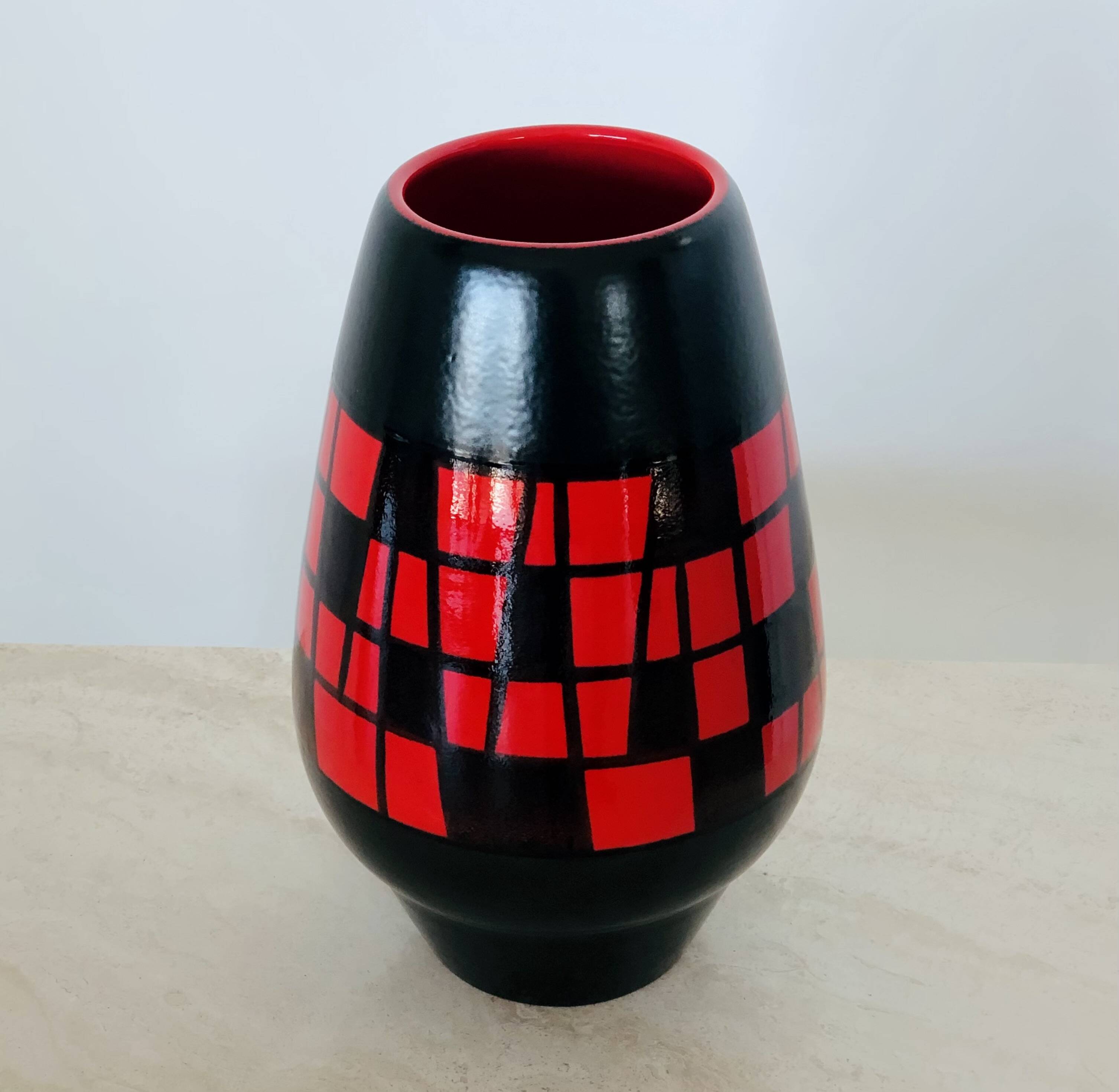 Piriform vase in red and black ceramic by Elchinger, France 1960s
