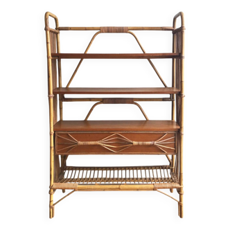 Etagère en rotin et bois des années 1960