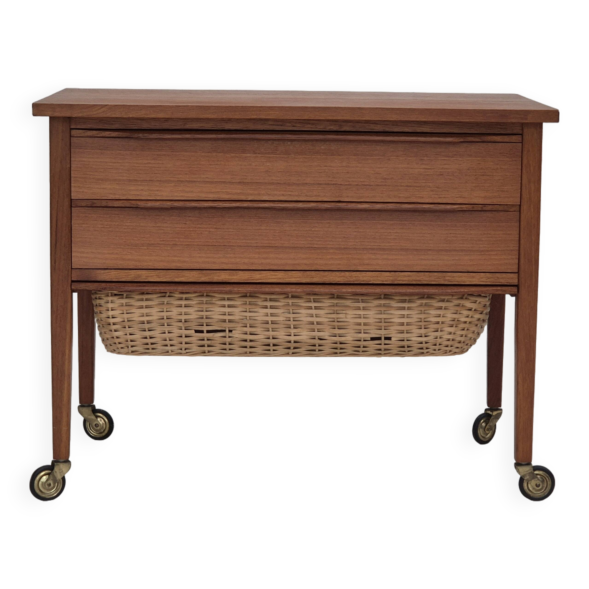 1970s, Danish chest of drawers, teak wood, rattan, original condition.