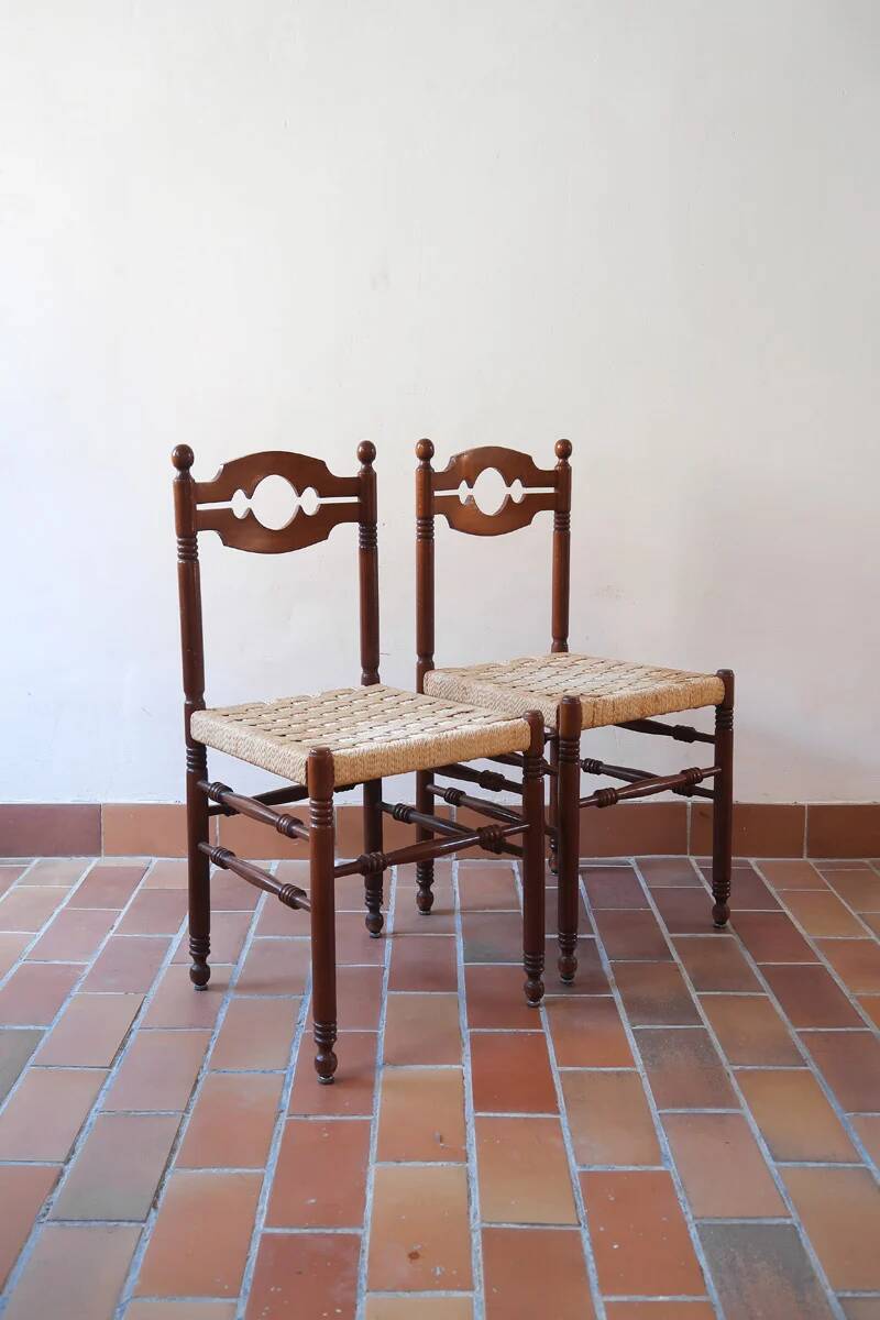2 chaises rustiques vintage en bois tourné, années 70