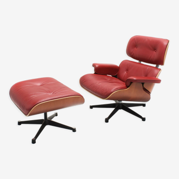 Red Leather Lounge Chair & Ottoman by Charles Eames for Vitra