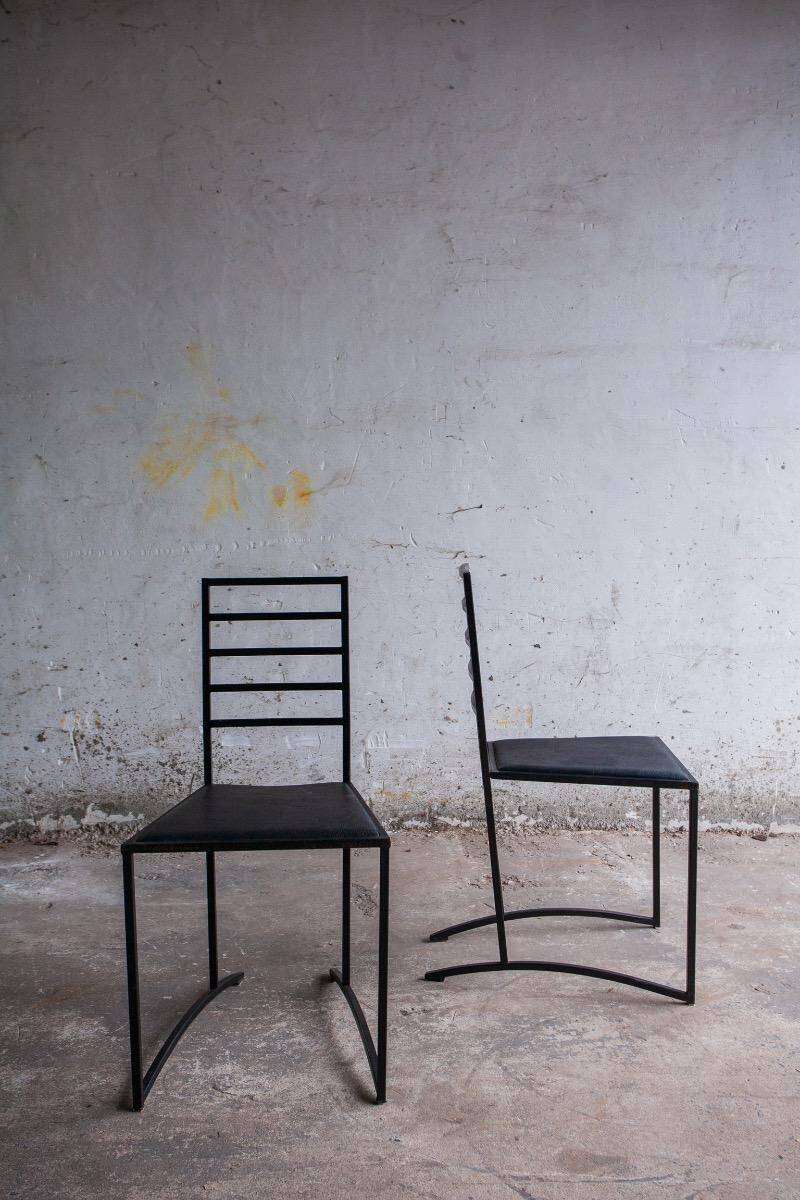 Set of 4 Black Steel Dining Chairs with Black Faux-Leather Seats — Minimalist Geometric Design