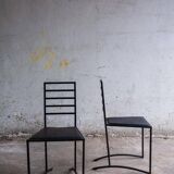 Set of 4 Black Steel Dining Chairs with Black Faux-Leather Seats — Minimalist Geometric Design