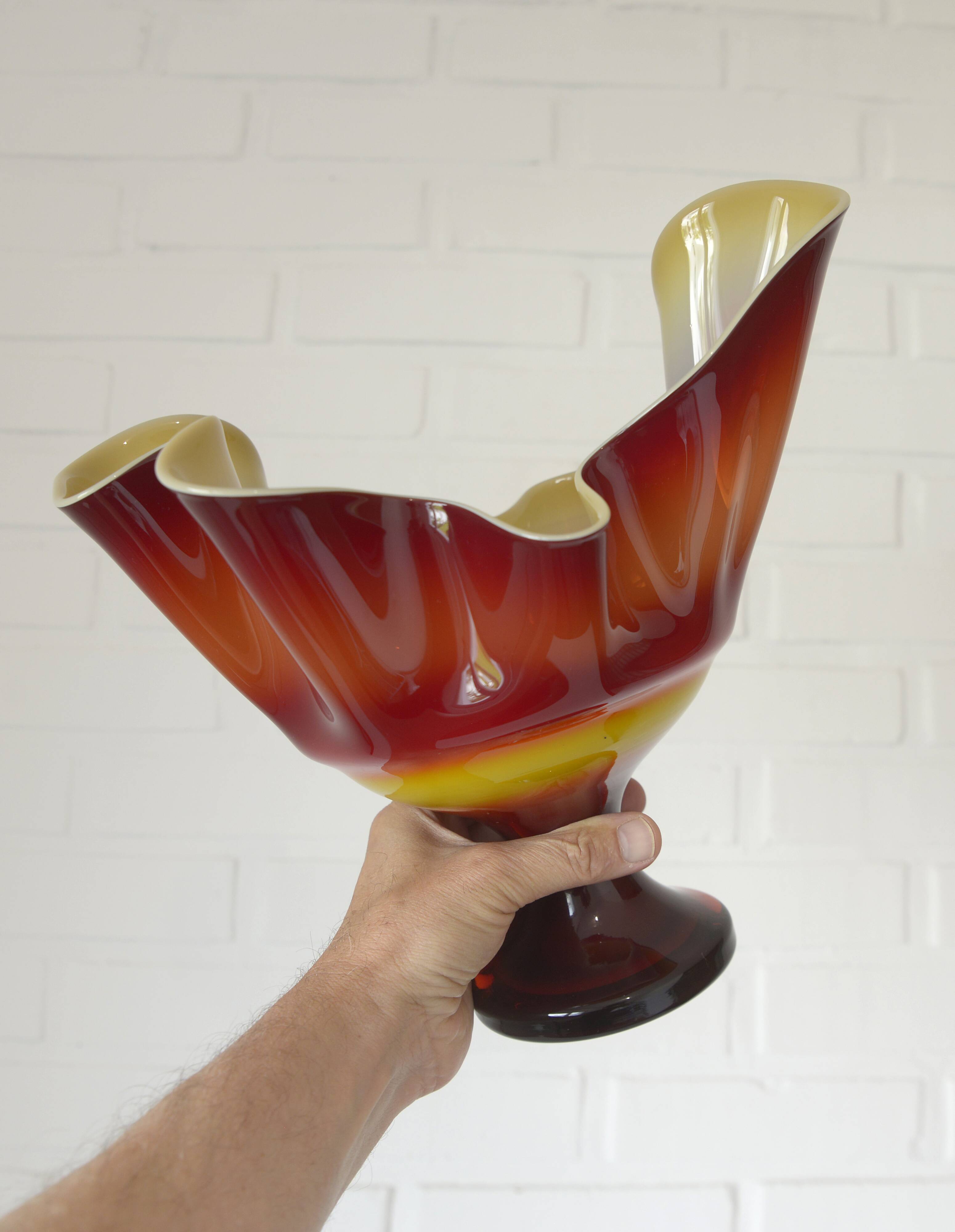 Vintage Swung Vase  Fruit Bowl Retro Red Blown Glass  Handmade Table Decor