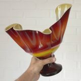 Vintage Swung Vase  Fruit Bowl Retro Red Blown Glass  Handmade Table Decor