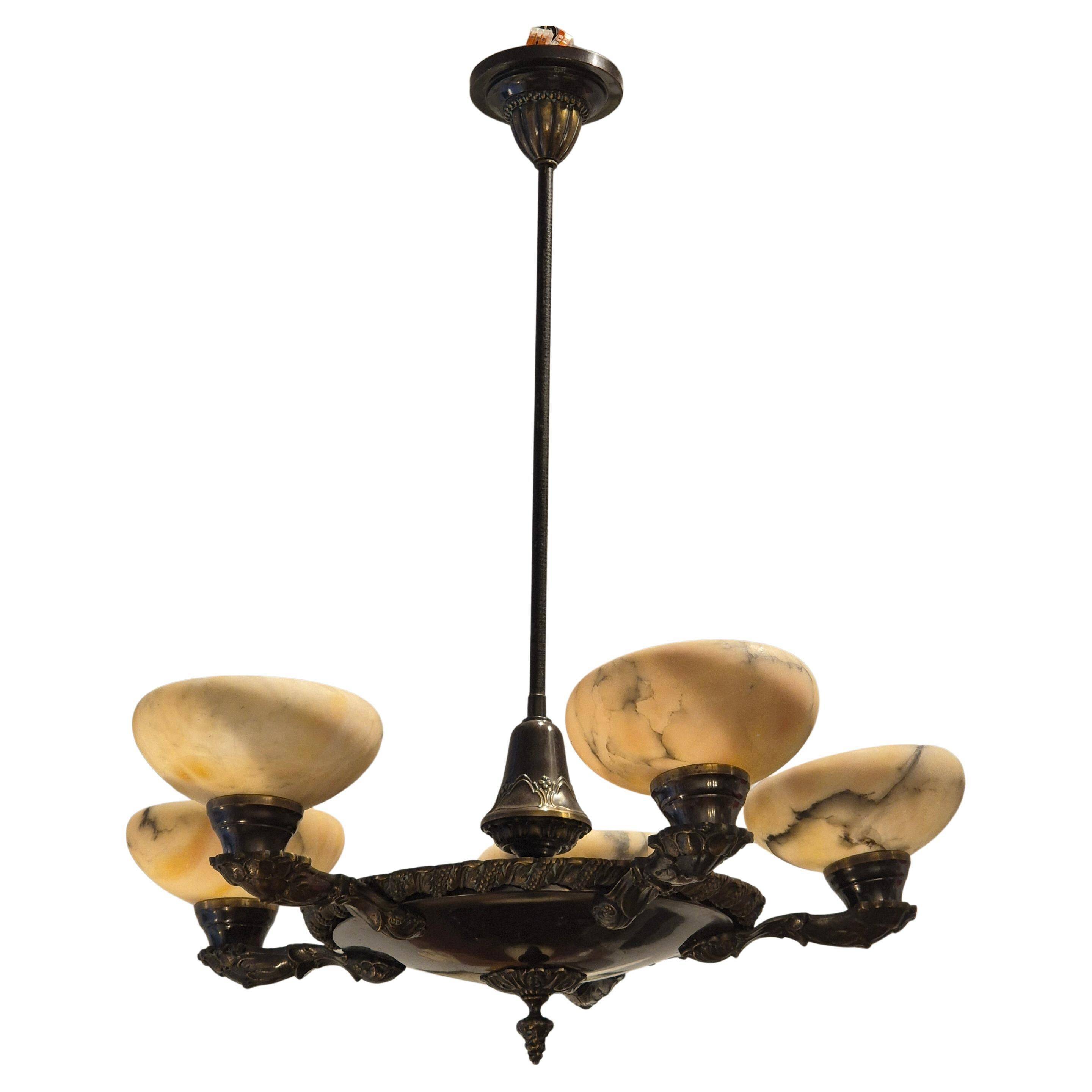 Decorative lustre from the early 1900s, in bronze and alabaster, Swedish Jugend.