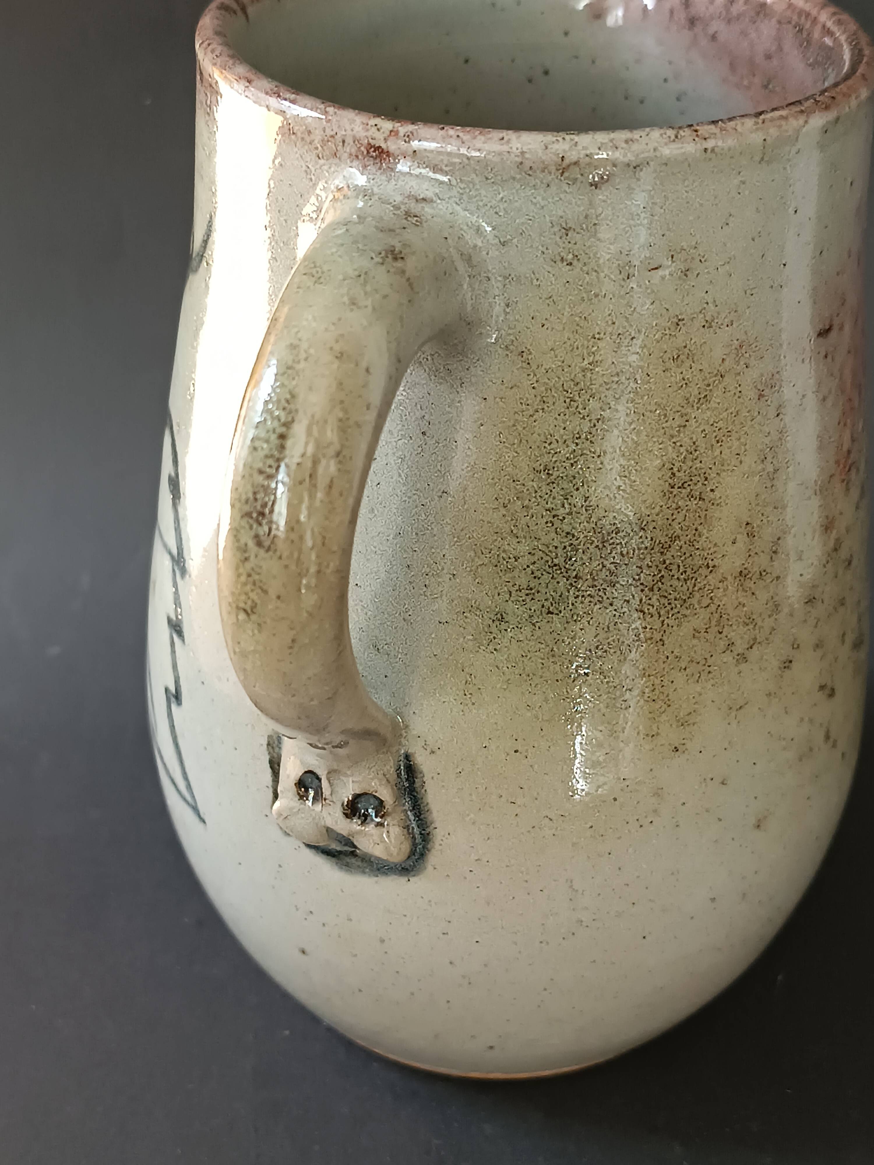 Stoneware pitcher from Alsace, incised decoration of vine by Louis Buecher 1986.