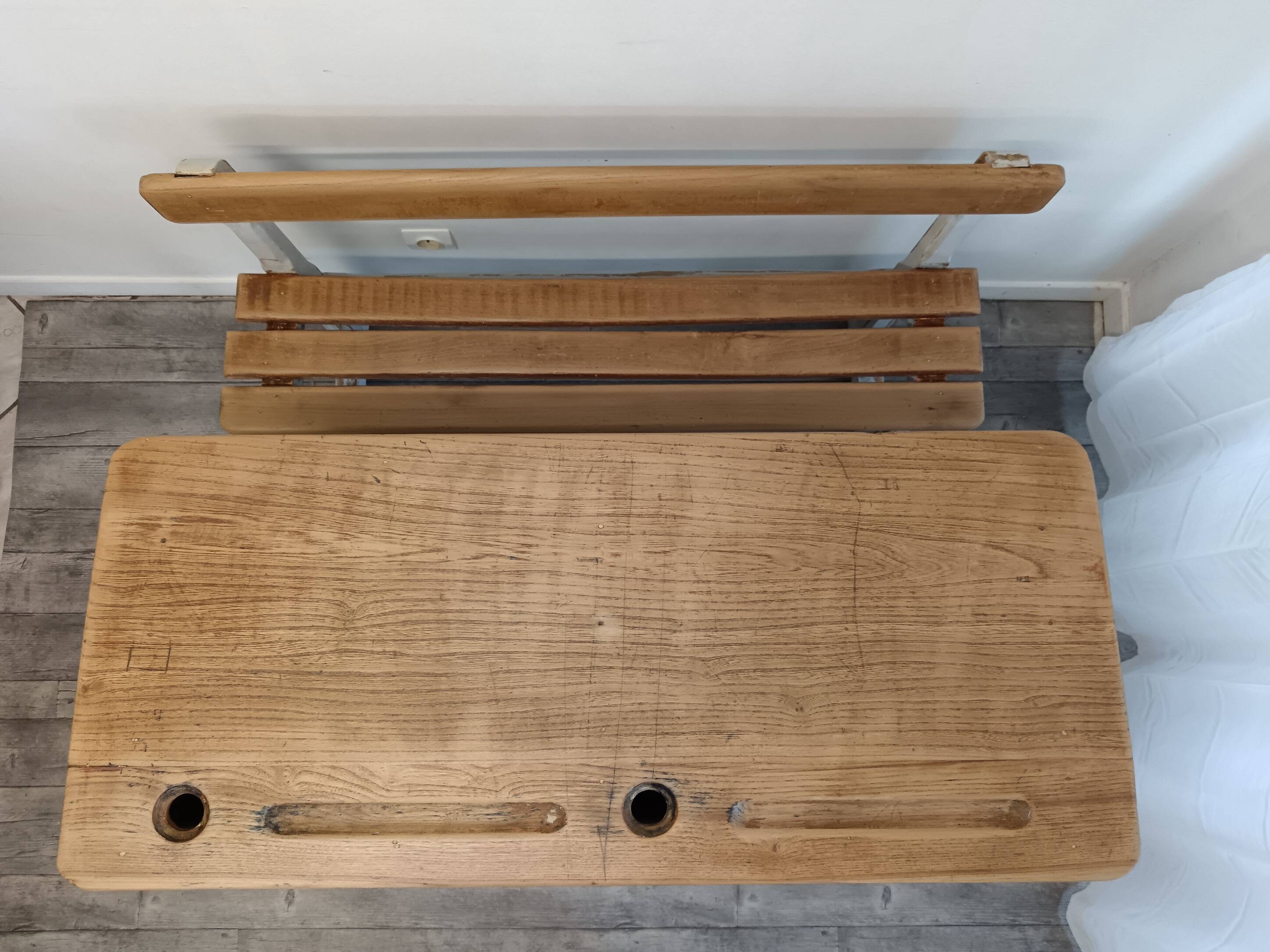 Double school desk in wood and patinated gray