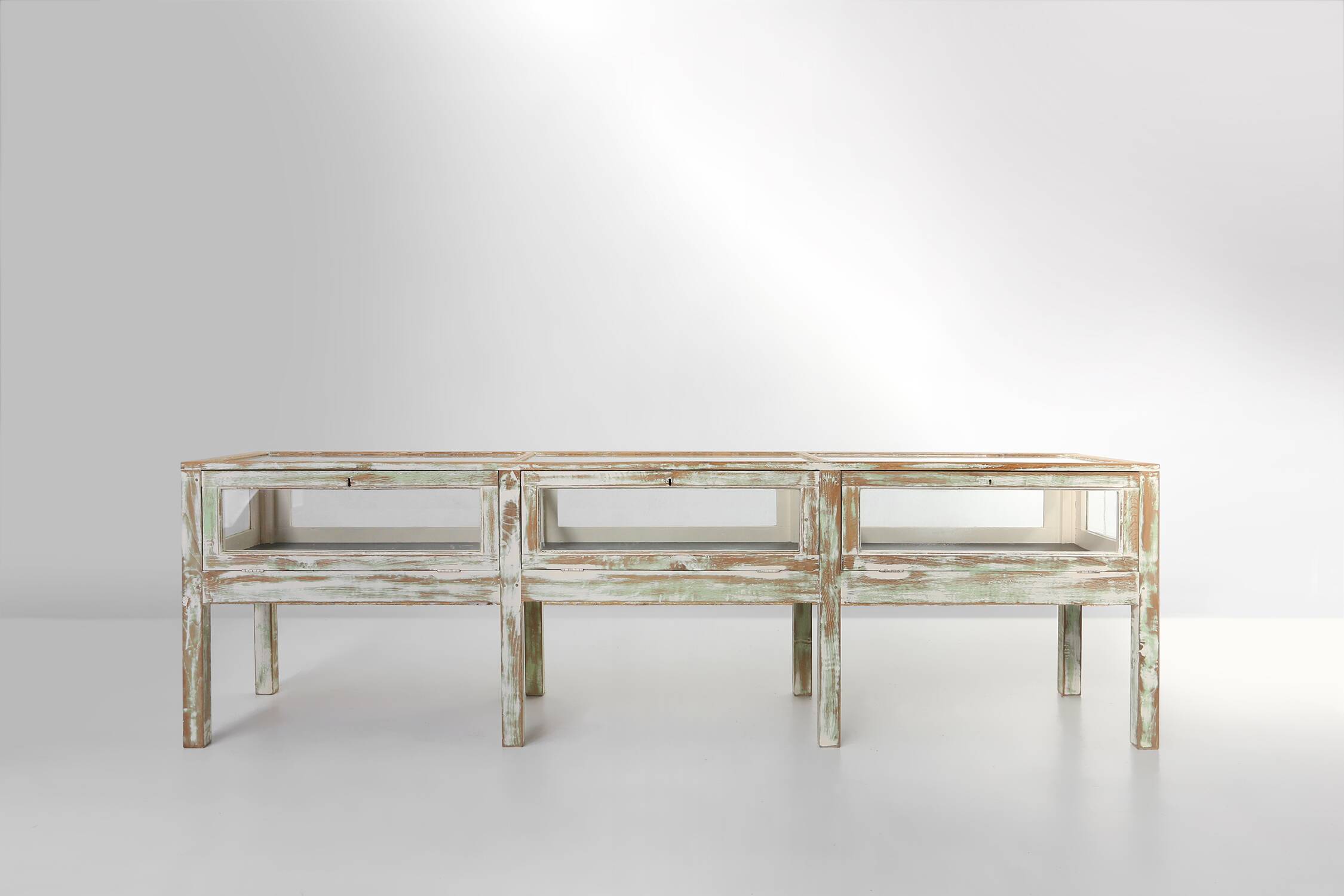 Beautiful patinated large rustic oak display case, France ca. 1900