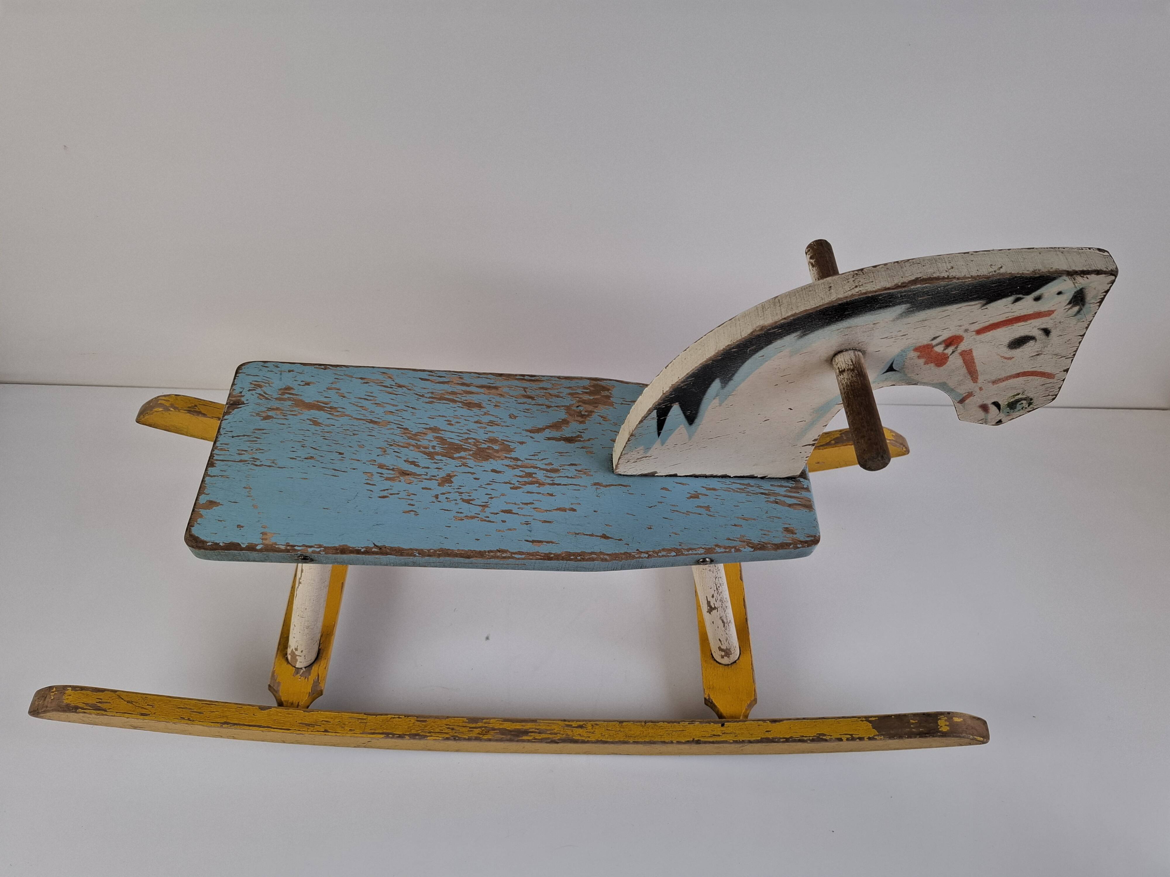 Mid-Century Czechoslovak Wooden Rocking Horse, Hand-Painted, 1960s