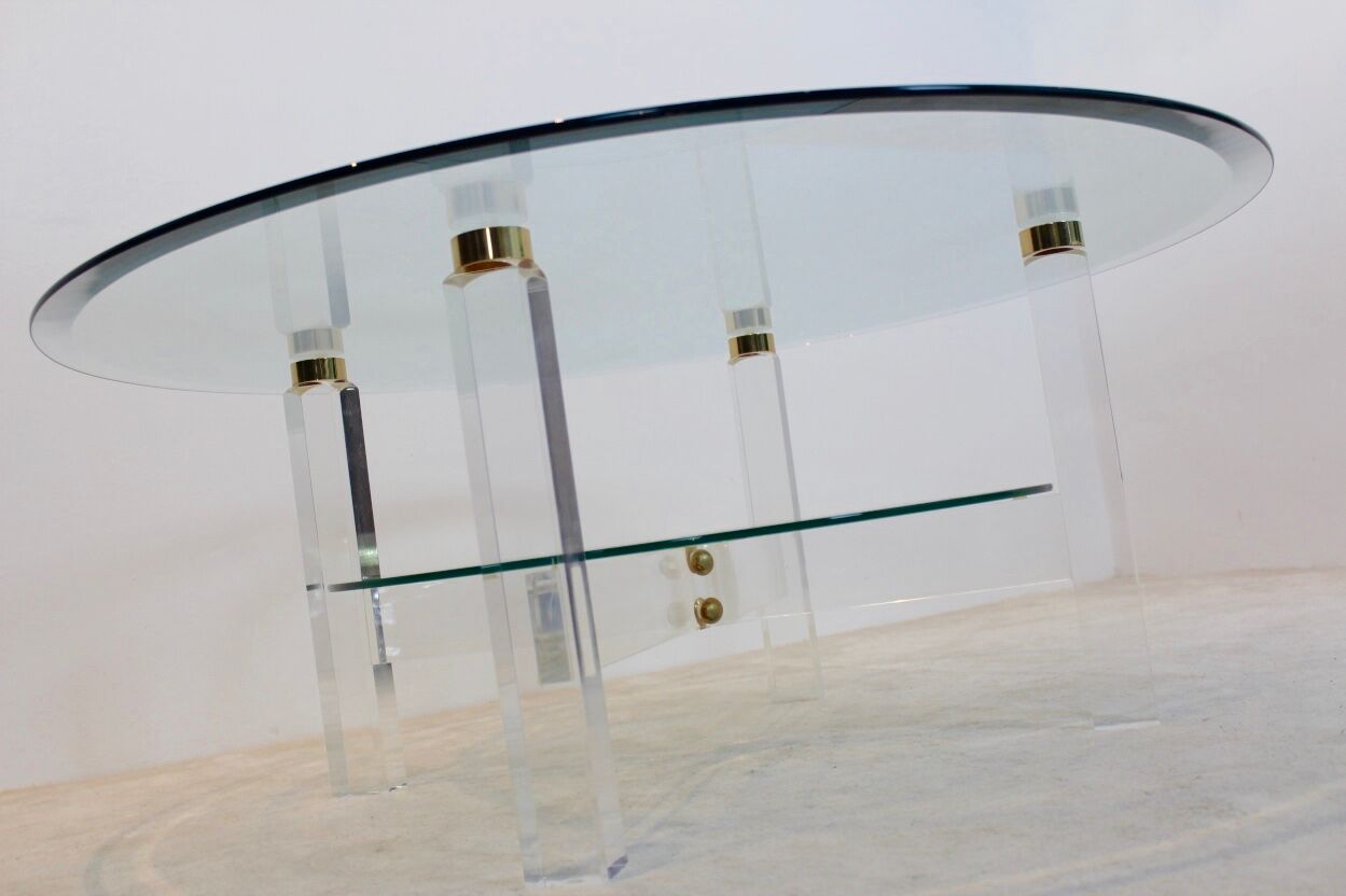 Coffee table lucite, brass & glass, Belgium 1970