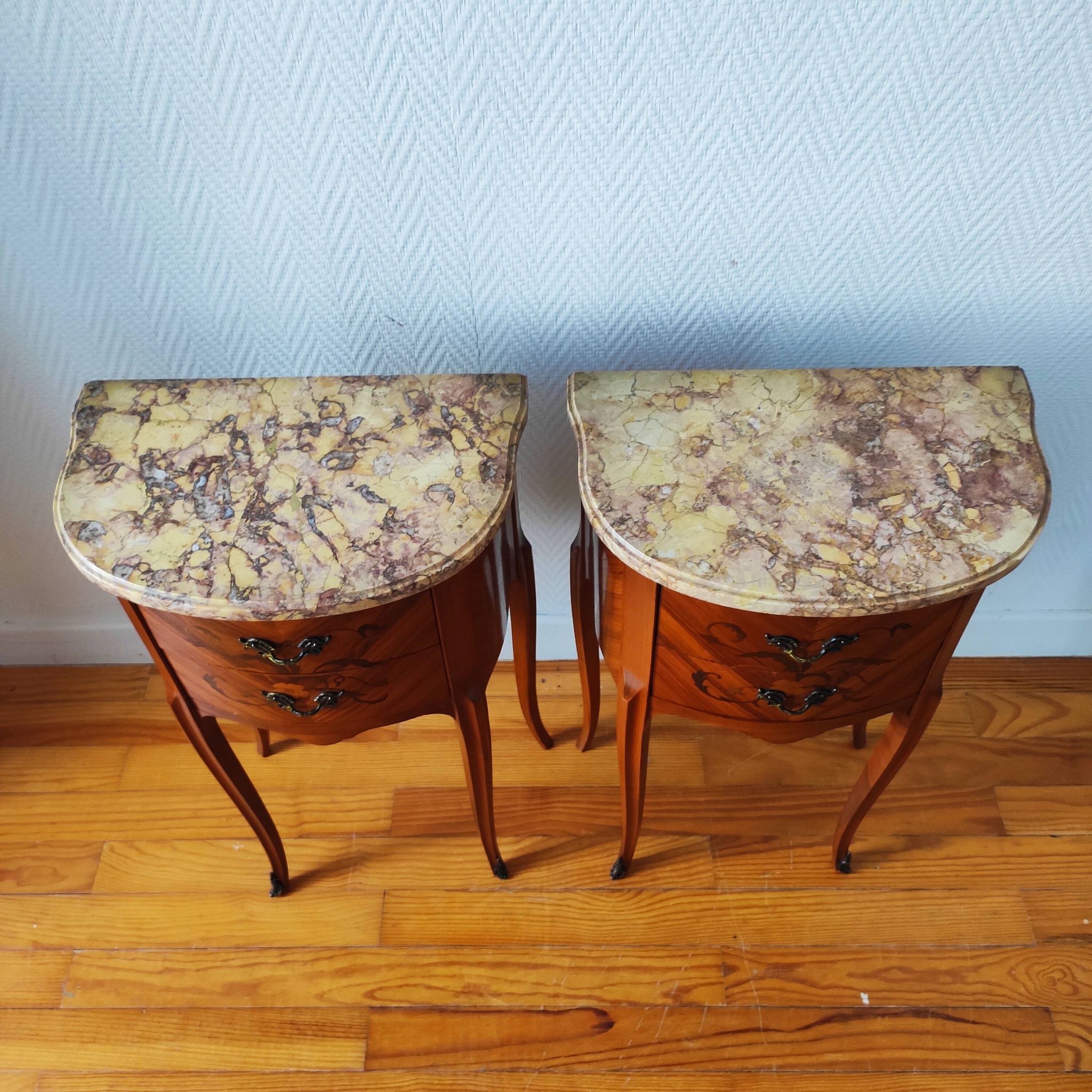 Pair of Louis XV style bedside tables with marquetry and marble.