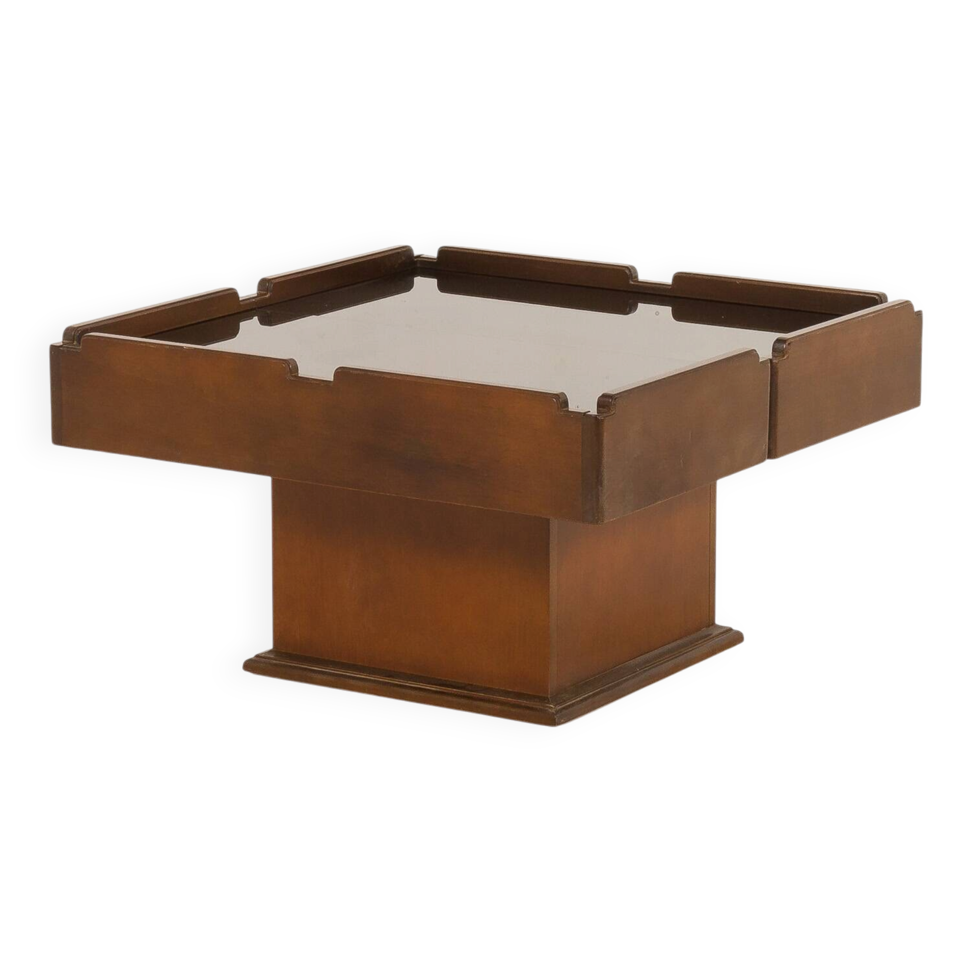 Italian vintage coffee table with bar compartment, walnut and glass, 1970s