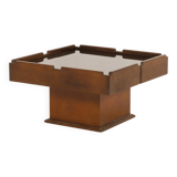 Italian vintage coffee table with bar compartment, walnut and glass, 1970s