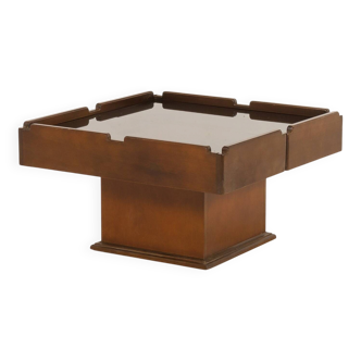 Italian vintage coffee table with bar compartment, walnut and glass, 1970s