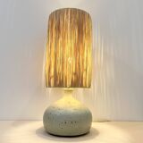 Vintage lamp base in beige-grey ceramic stoneware with raffia lampshade, 1970s