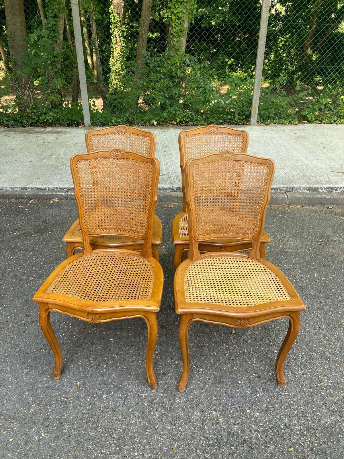 4 Louis XV dining chairs in light solid wood with caning.