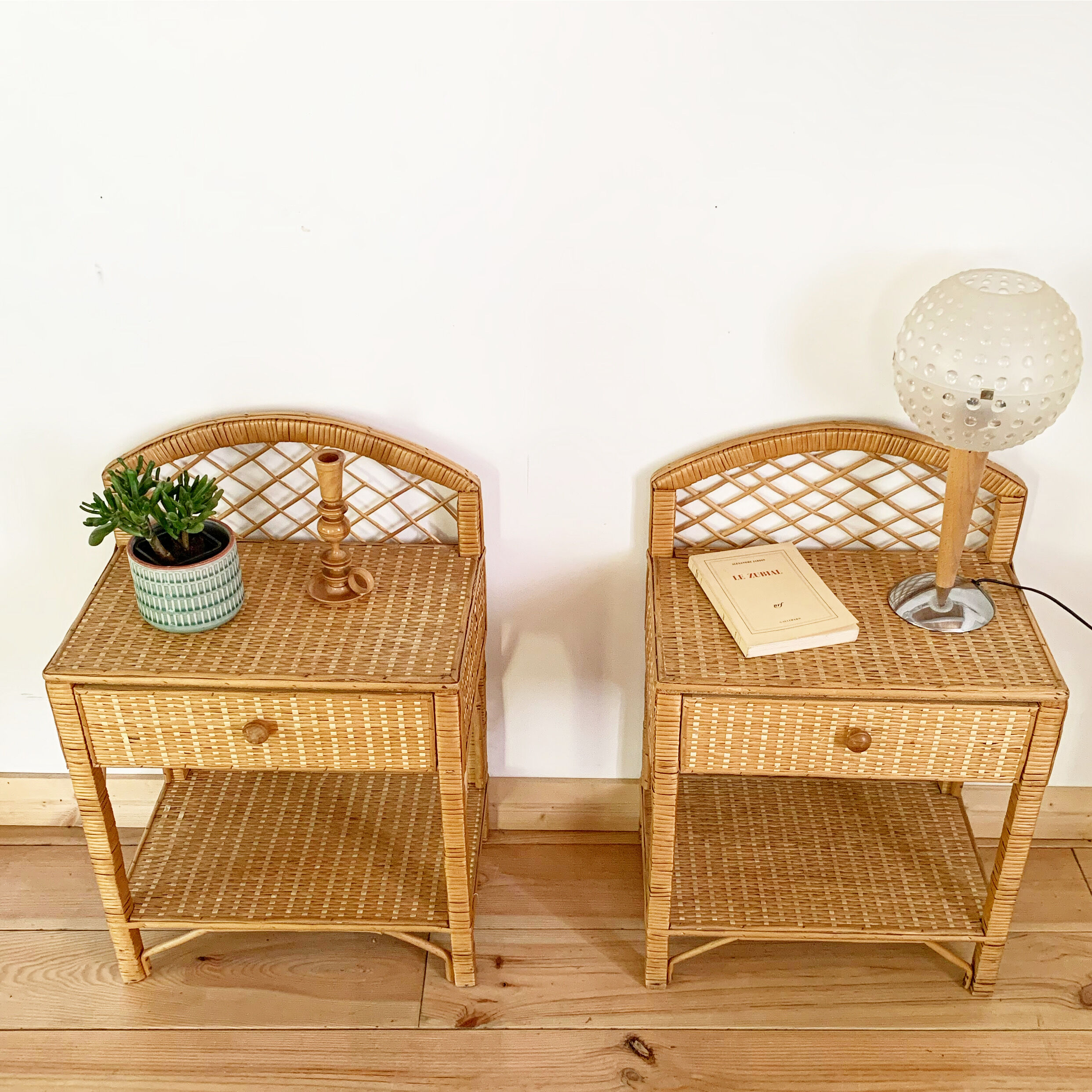 Pair of vintage wicker and rattan bedside tables