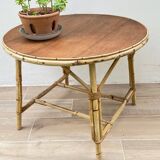 Vintage rattan and oak round coffee table