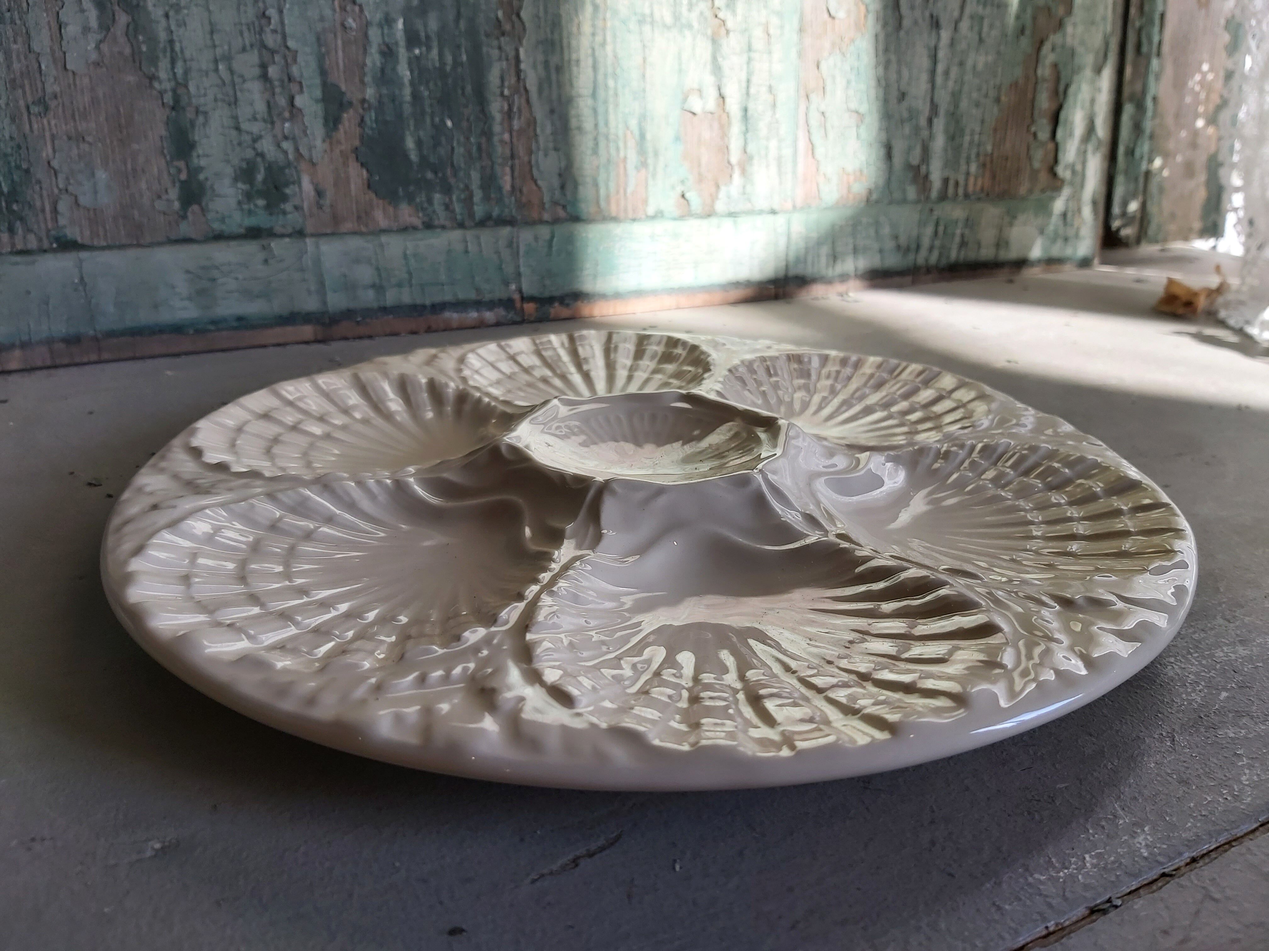 Vintage French white Majolica oyster plate