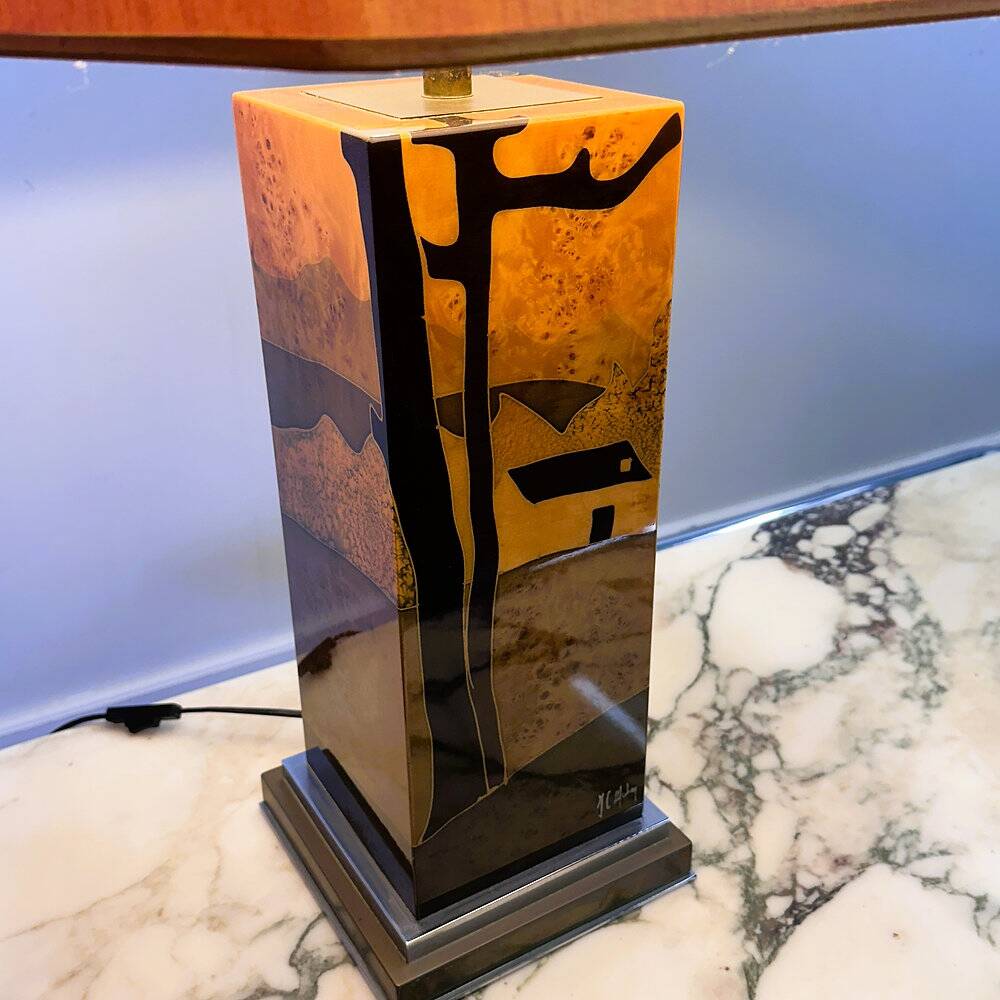 Rare 1970s Jean-Claude Mahey table lamp in burl wood with abstract inlay