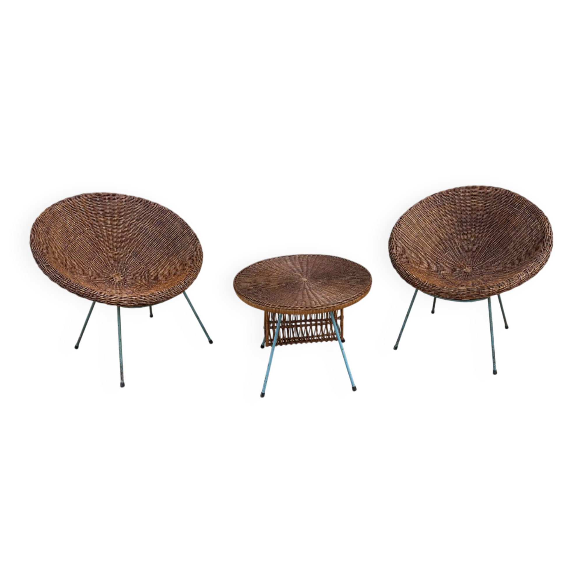 Ensemble vintage en rotin – 2 fauteuils & table basse – Années 60