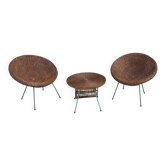 Ensemble vintage en rotin – 2 fauteuils & table basse – Années 60