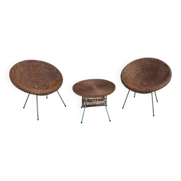 Vintage rattan set – 2 armchairs & coffee table – 1960s