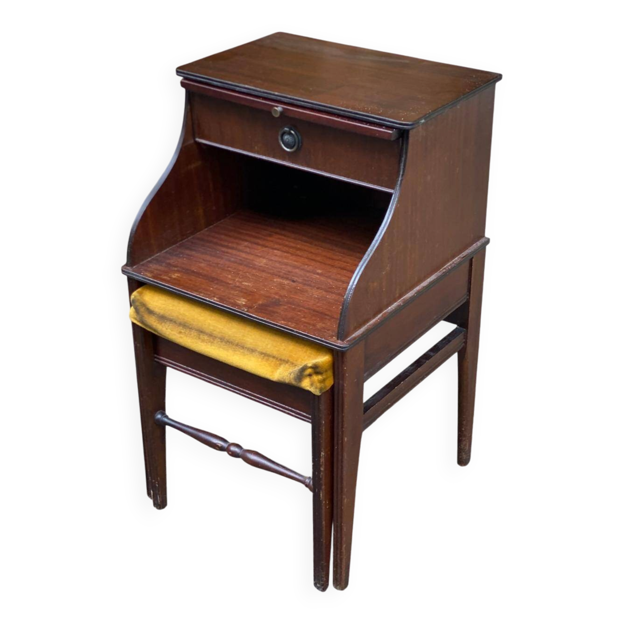 Mahogany bedside table in English style with stool.