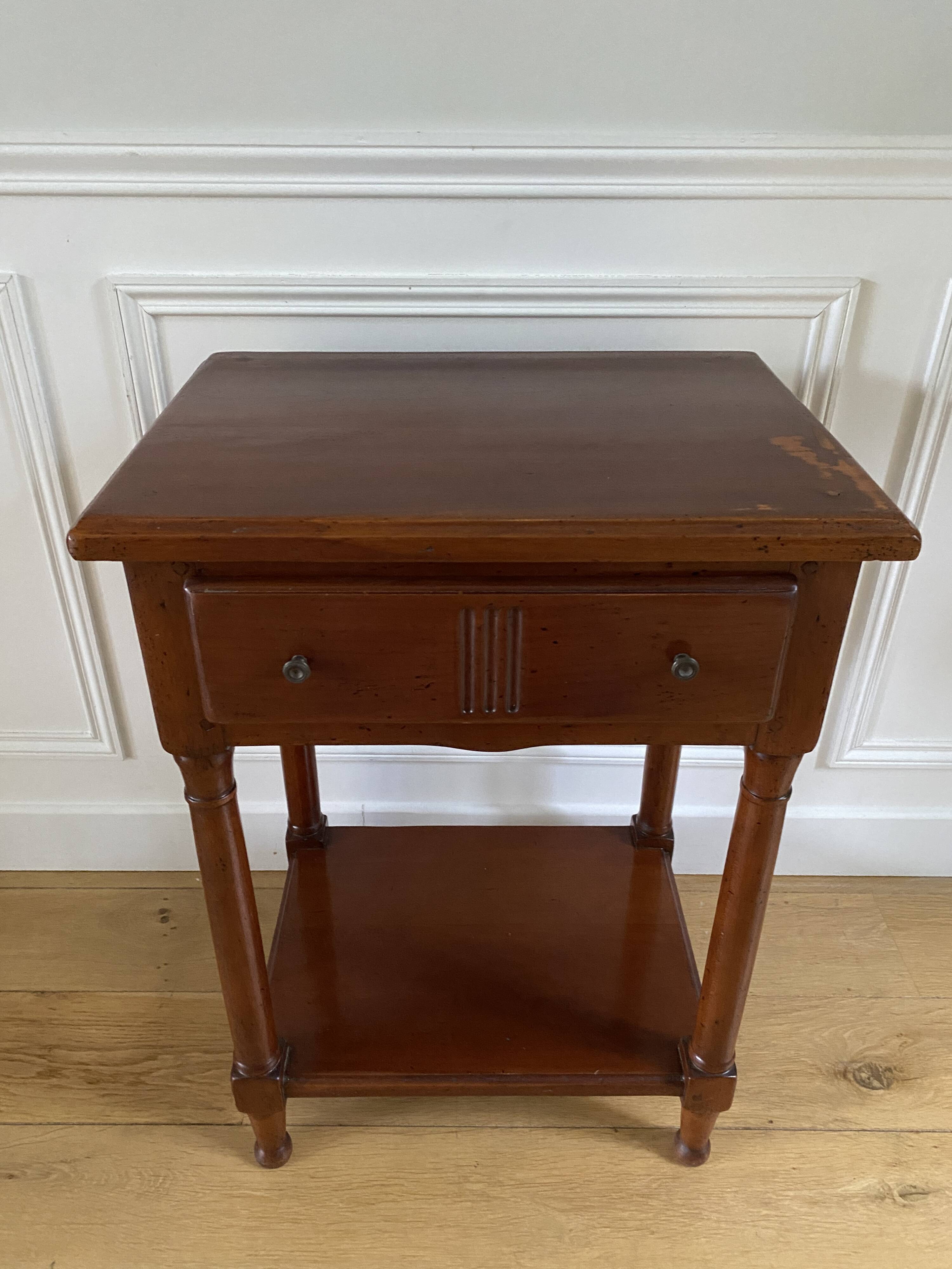 Nightstand, vintage side table with a drawer and a low shelf in solid wood