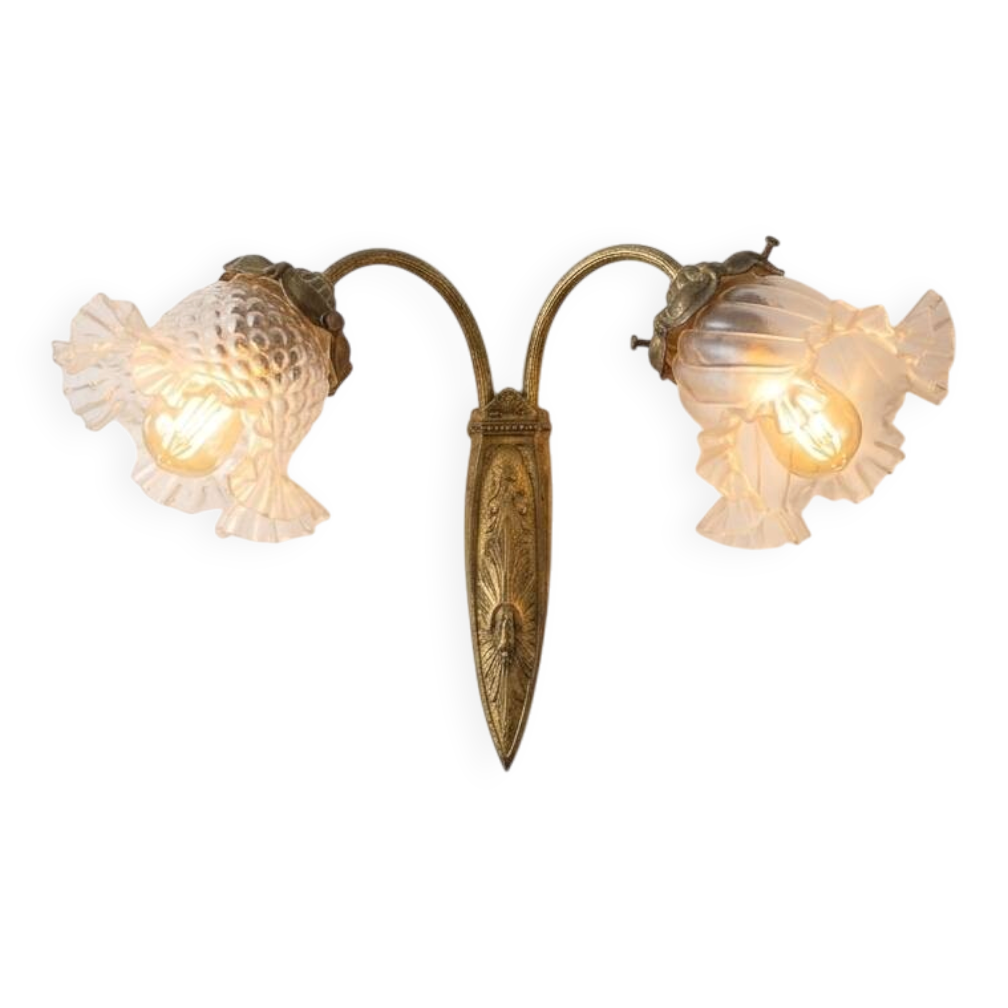 Double bronze wall light with glass tulips Art Deco