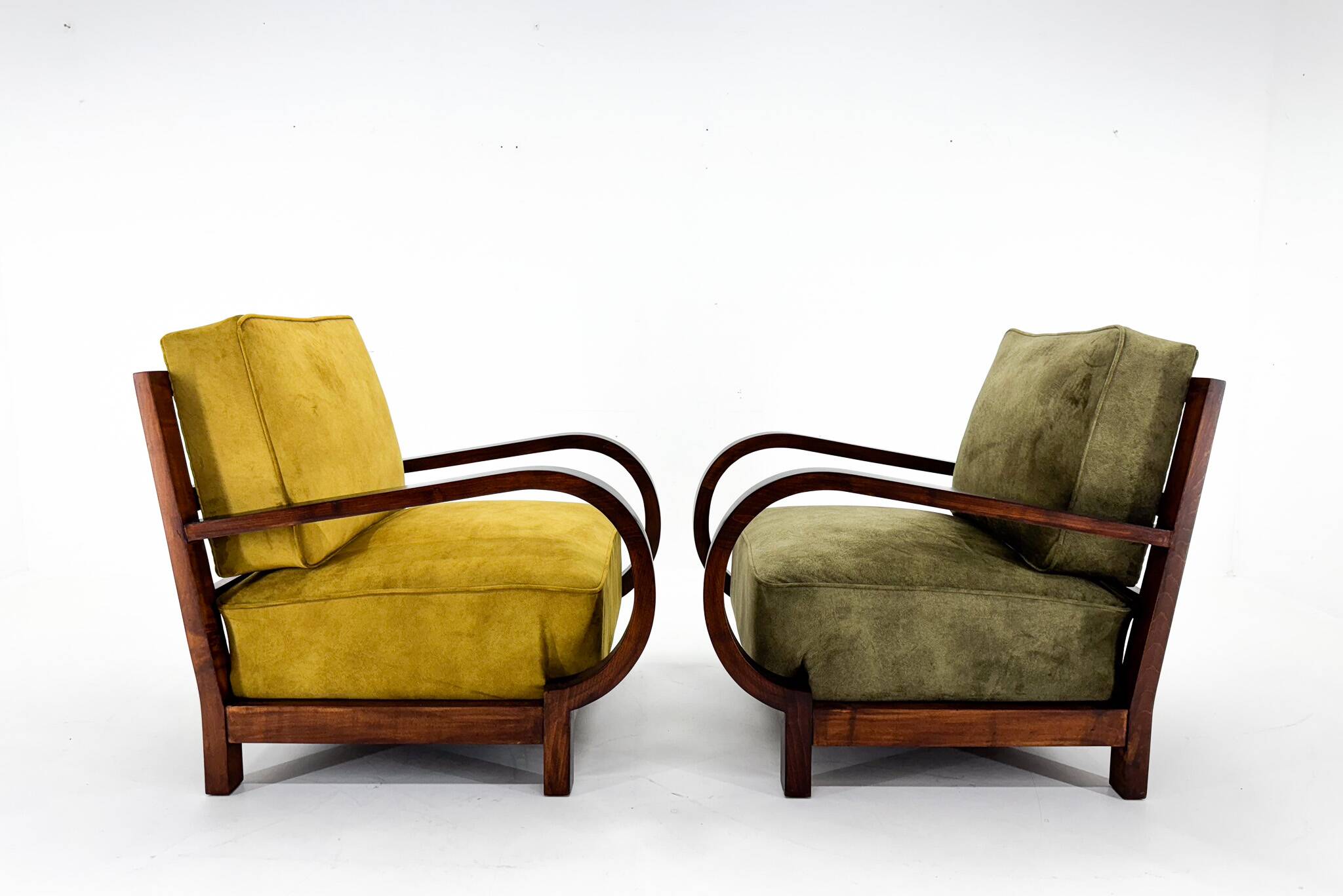 Pair of Art Deco beech armchairs, 1930s, newly upholstered