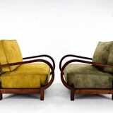 Pair of art deco beech wood armchairs, 1930's, newly upholstered