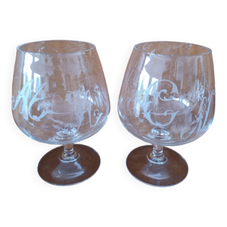 Crystal cognac glasses.  17cm . engraved.