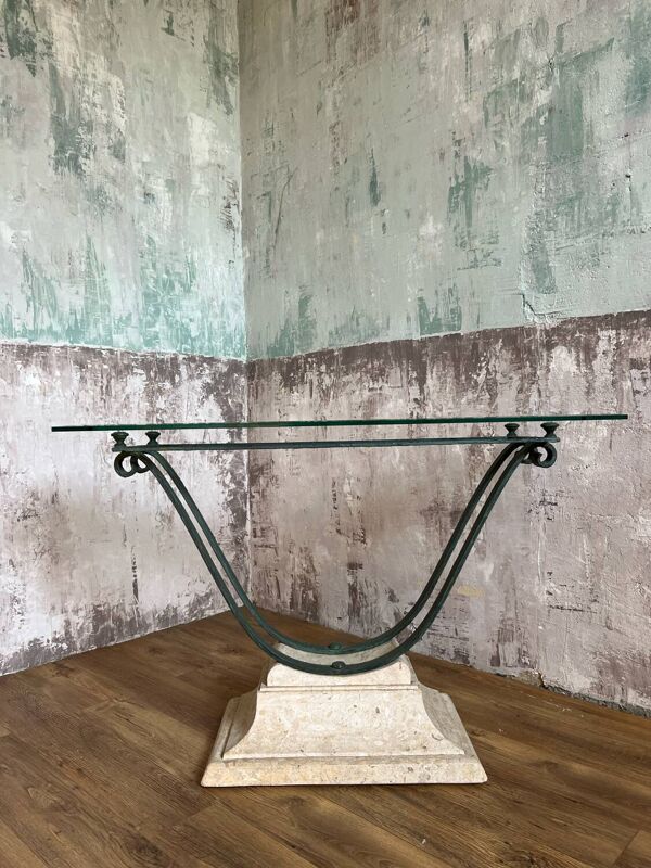Console en verre et métal patine antique