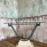 Console in glass and antique patinated metal