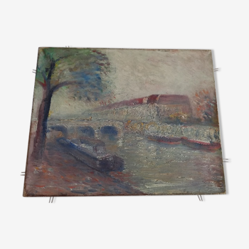 Tableau ancien " bord de Seine" , peinture à l'huile
