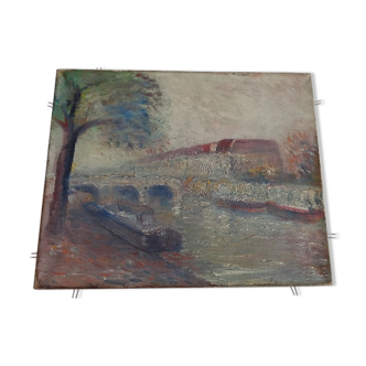 Tableau ancien " bord de Seine" , peinture à l'huile