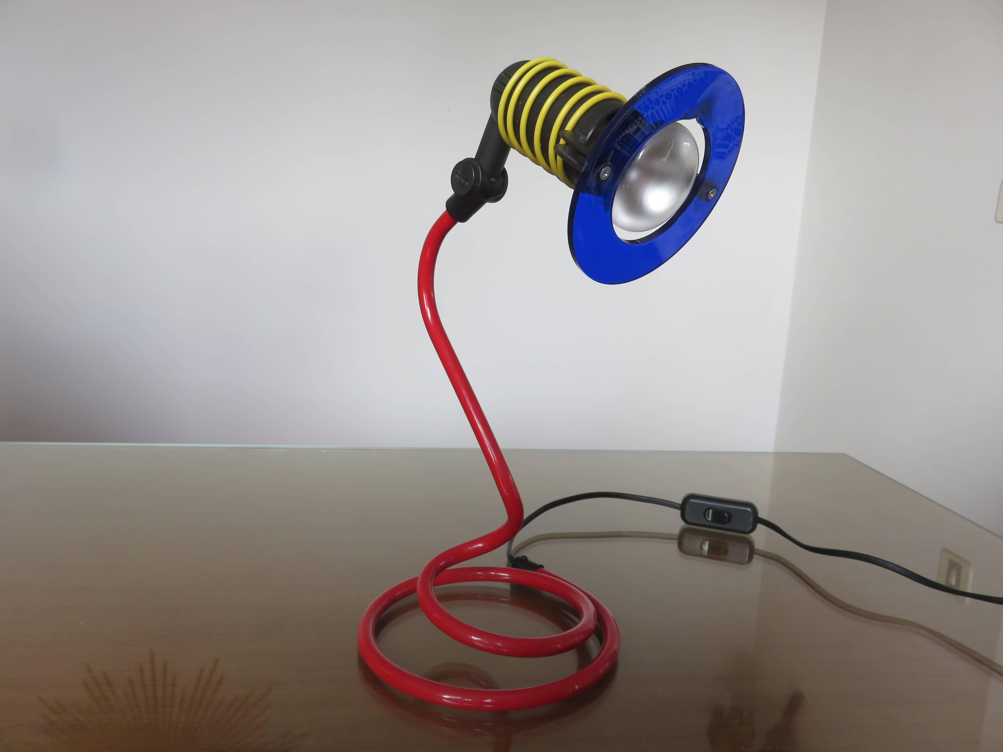 Spiral lamp in primary colours from the 80s Memphis era.