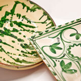 Square Mediterranean glazed earthenware dish with green flowers