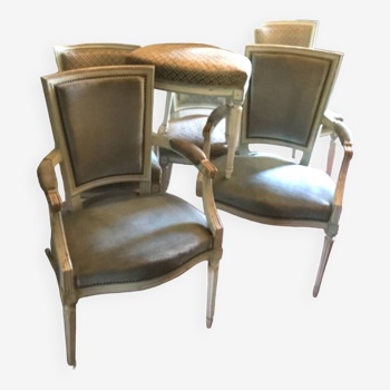 Set of 4 chairs and 2 armchairs louis xvi style in cream patinated wood