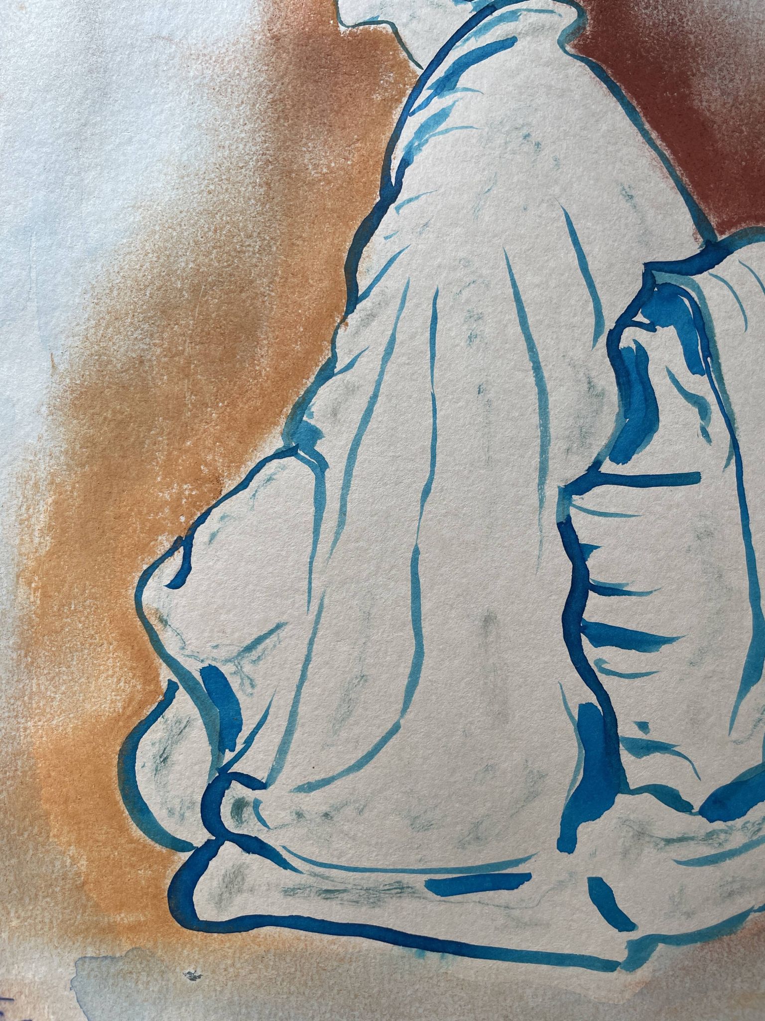 Signed painting pastel and Indian ink female portrait Japan “geisha blue”