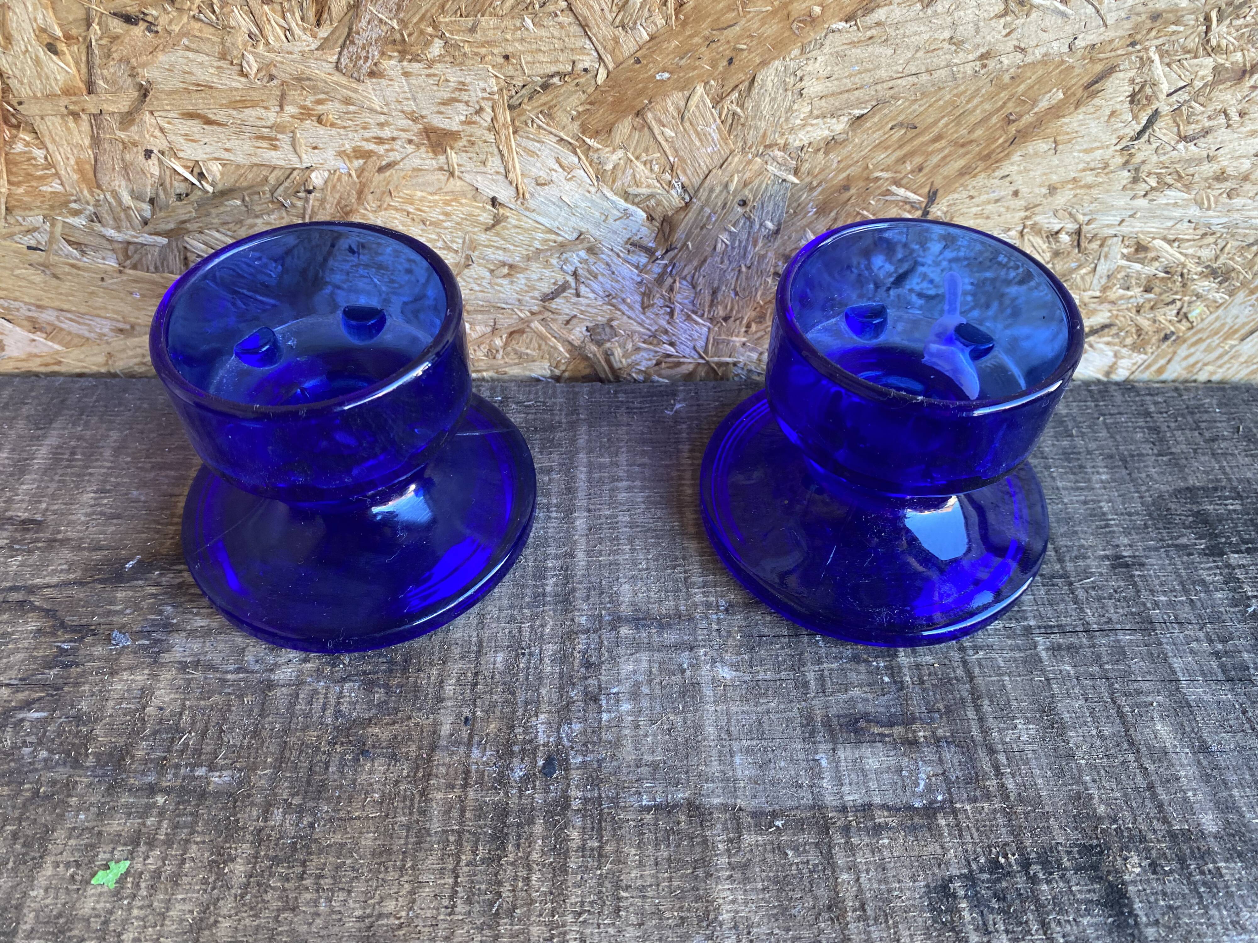 Pair of Vintage Cobalt Blue Moulded Glass Candle Holders #D991